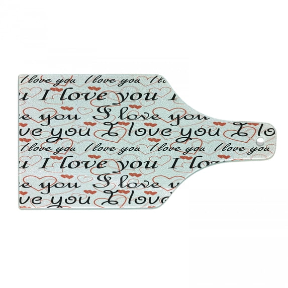 I Love You Cutting Board, Beauty of Love Style Typography Birthday Forever Never Let Me Go Print, Decorative Tempered Glass Cutting and Serving Board, Wine Bottle Shape, Red Black White, by Ambesonne