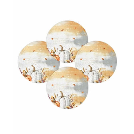 Fall Round Placemats Set of 4 Harvest Pumpkin Place Mats Thanksgiving Woven Placemat Maple Leaves Bird White Orange Circle Braided Table Mat for Kitchen Dining Table Autumn Party Home Decor 15 Inch