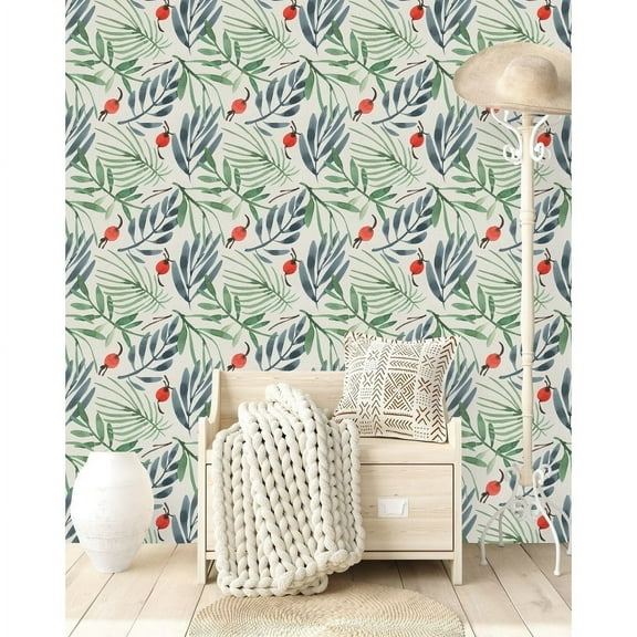 Leaves and Dog Rose Wallpaper Peel-and-Stick - 25"W x 125"H
