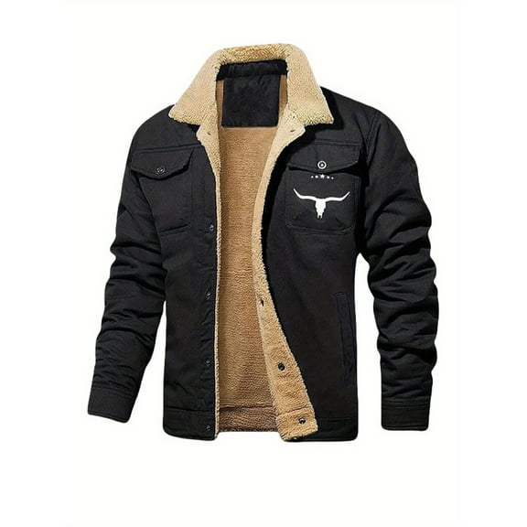 Men's casual heavyweight cotton-polyester jacket with buckle closure, multiple pockets and bull head logo - solid color autumn and winter coat