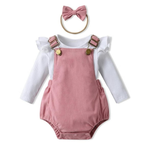 Newborn Infant Baby Girl Clothes Solid Ribbed Ruffle Sleeve Top and Overall Shorts with Headband Pink 0-3 Months
