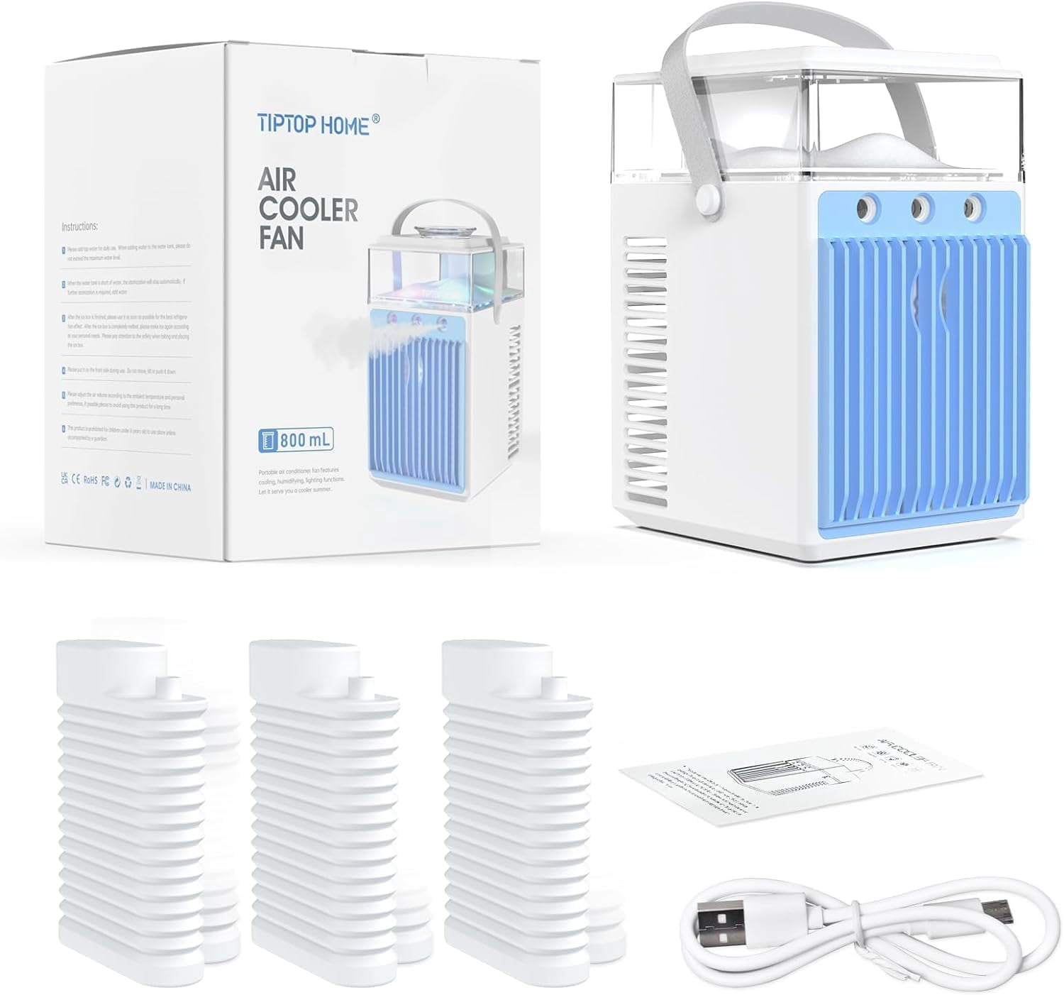 Tiptop Home Portable Air Conditioners Fan, 4 in 1 Rechargeable 3-Speed for Office Room Tent Outdoor, Blue
