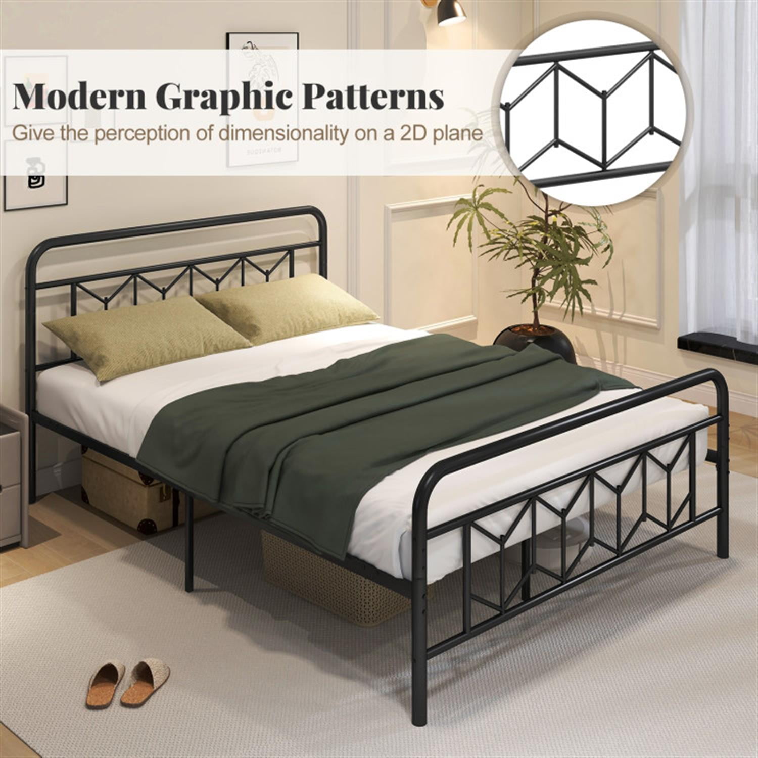 Demi Bonn Queen Size Bed Frame with High Headboard and Snap Lock Metal Slats, Platform Bed Frame with Under Bed Storage, No Box Spring Needed, Black