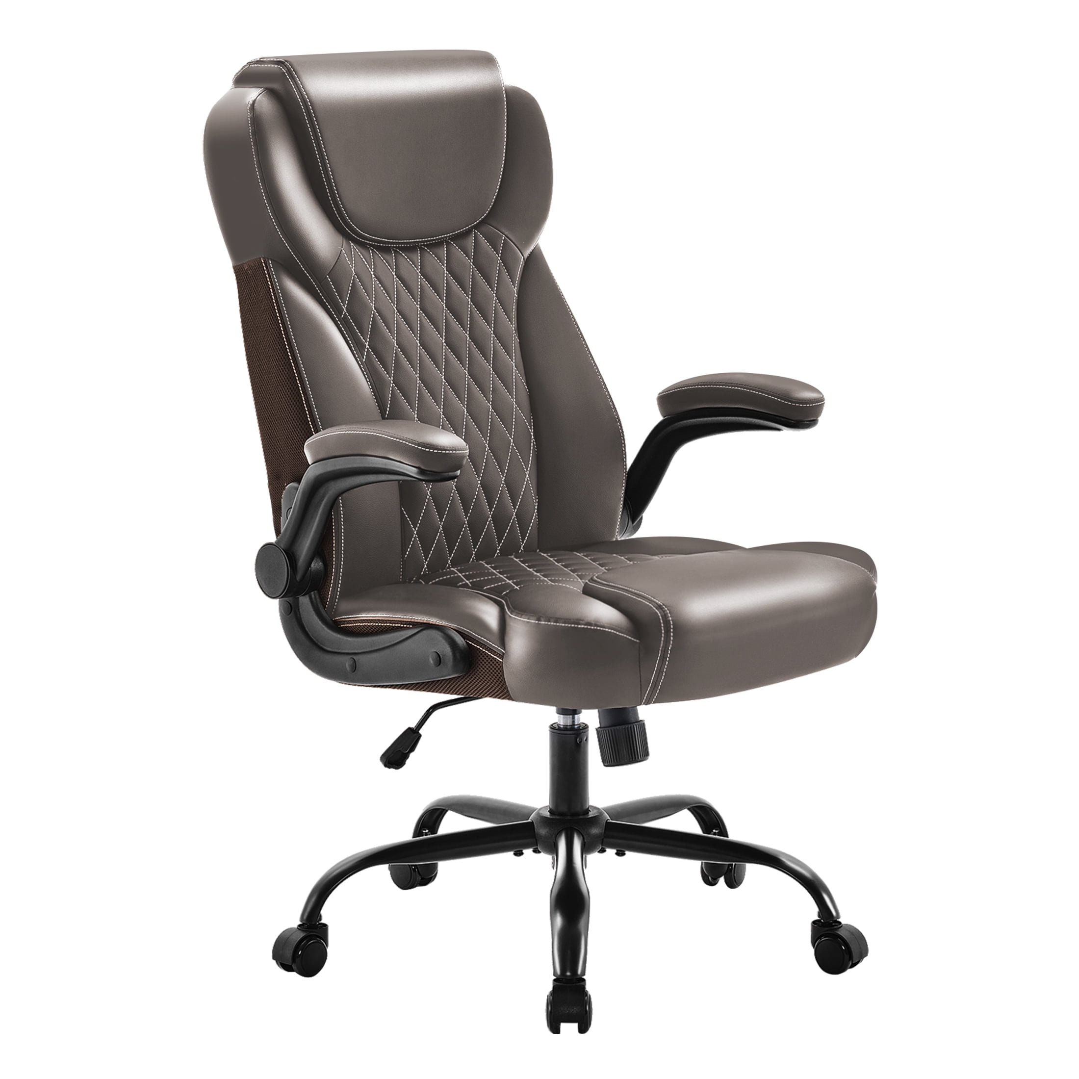 TMV Office Chair, Ergonomic Big and Tall Computer Desk Chairs, Executive PU Leather Chair with Adjustable Flip-up Armrests, Lumbar Support Swivel PC Chair with Rocking Function，Brown