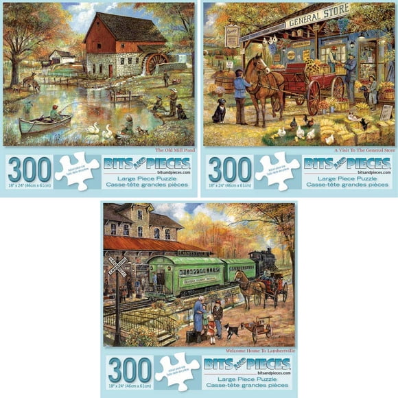 Bits and Pieces - Value Set of Three (3) - 300 Piece Jigsaw Puzzles for Adults - 300 pc Large Piece Puzzles Designed by Artist Ruane Manning - 18