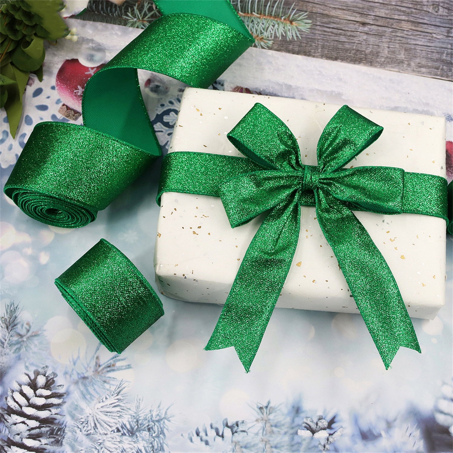 Metallic Glitter Wired Ribbon Decorations for Christmas Tree, Bexikou 2 Roll Christmas Green Ribbons for Wreath DIY Crafts Farmhouse Home Outdoor Party Decor, 2.5" x 20 Yards
