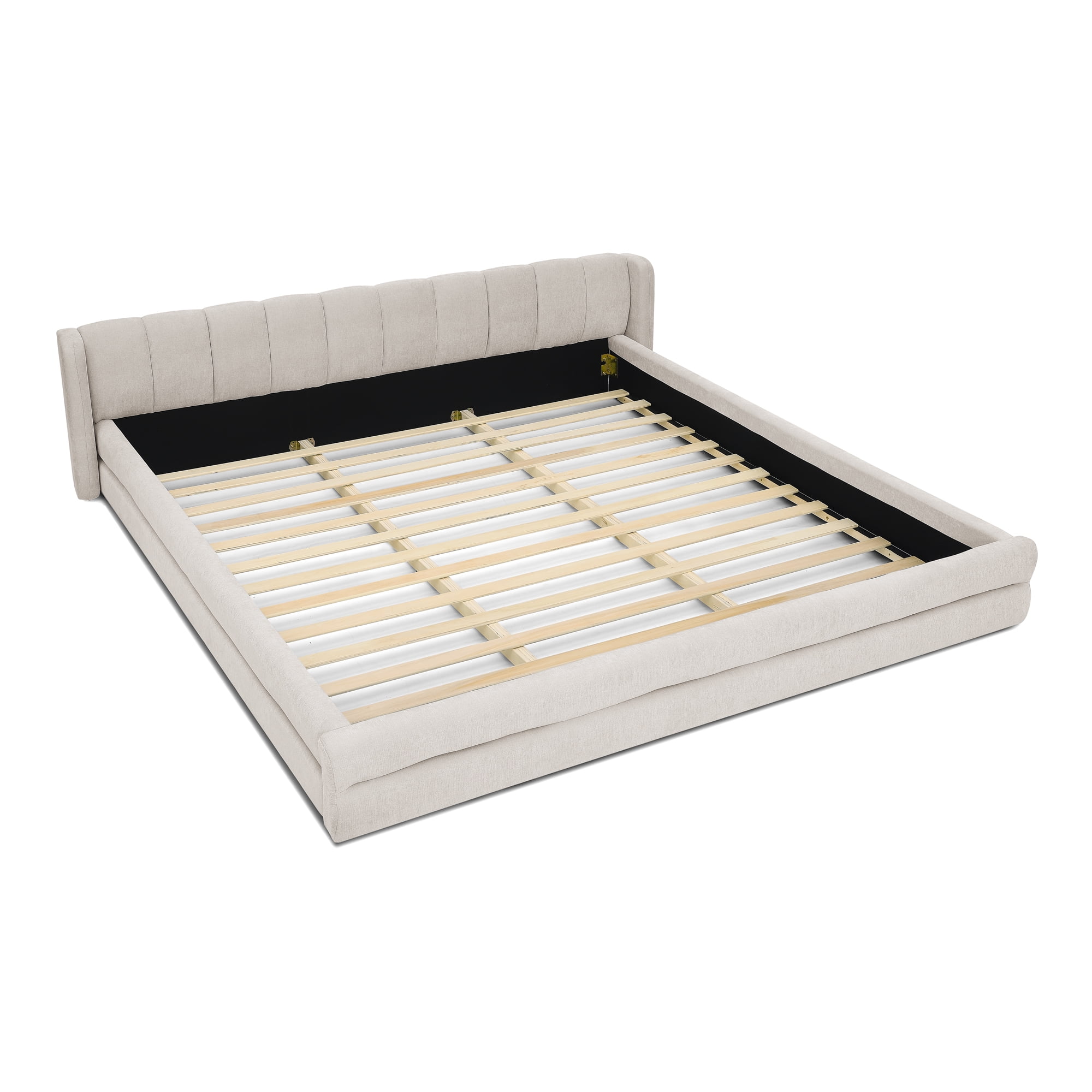 King Upholstered Bed Frame, Modern Platform Bed with Soft Headboard, Thick Chenille Fabric Upholstered Bed Frame, Grounded King Size Bed for Bedroom,Beige