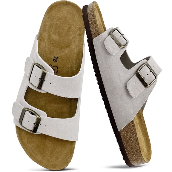 Unisex Genuine Suede Summer Sandals with Arch Support Cork Footbed Slide Sandal Double Adjustable Buckle Slip On Shoes for Women Men