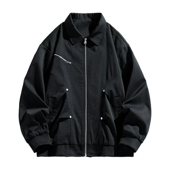 RYDCOT Men's Casual Fashion Workwear Jacket Solid Color Long Sleeved Full Zip Lapel Top Black