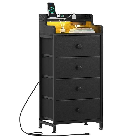 GUNAITO Led Nightstand with Charging Station Bedside Table with 4 Drawers End Table with Open Shelf Bedside Table with USB Ports and Outlets Nightstand for Bedroom,Brown