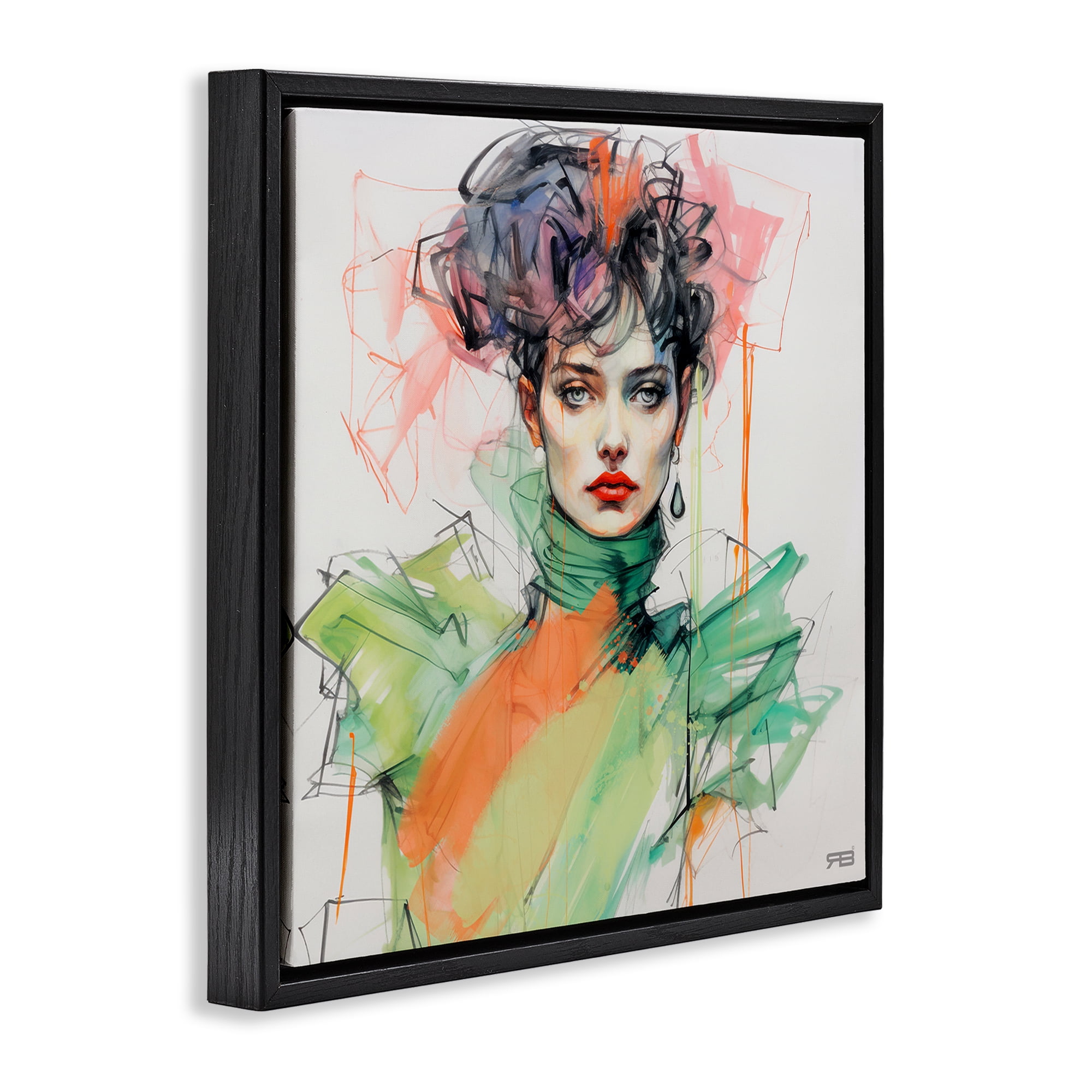 Stupell Industries Trendy Glam Portrait People Painting Black Floater Framed Canvas Art Print Wall Art, 25 x 25