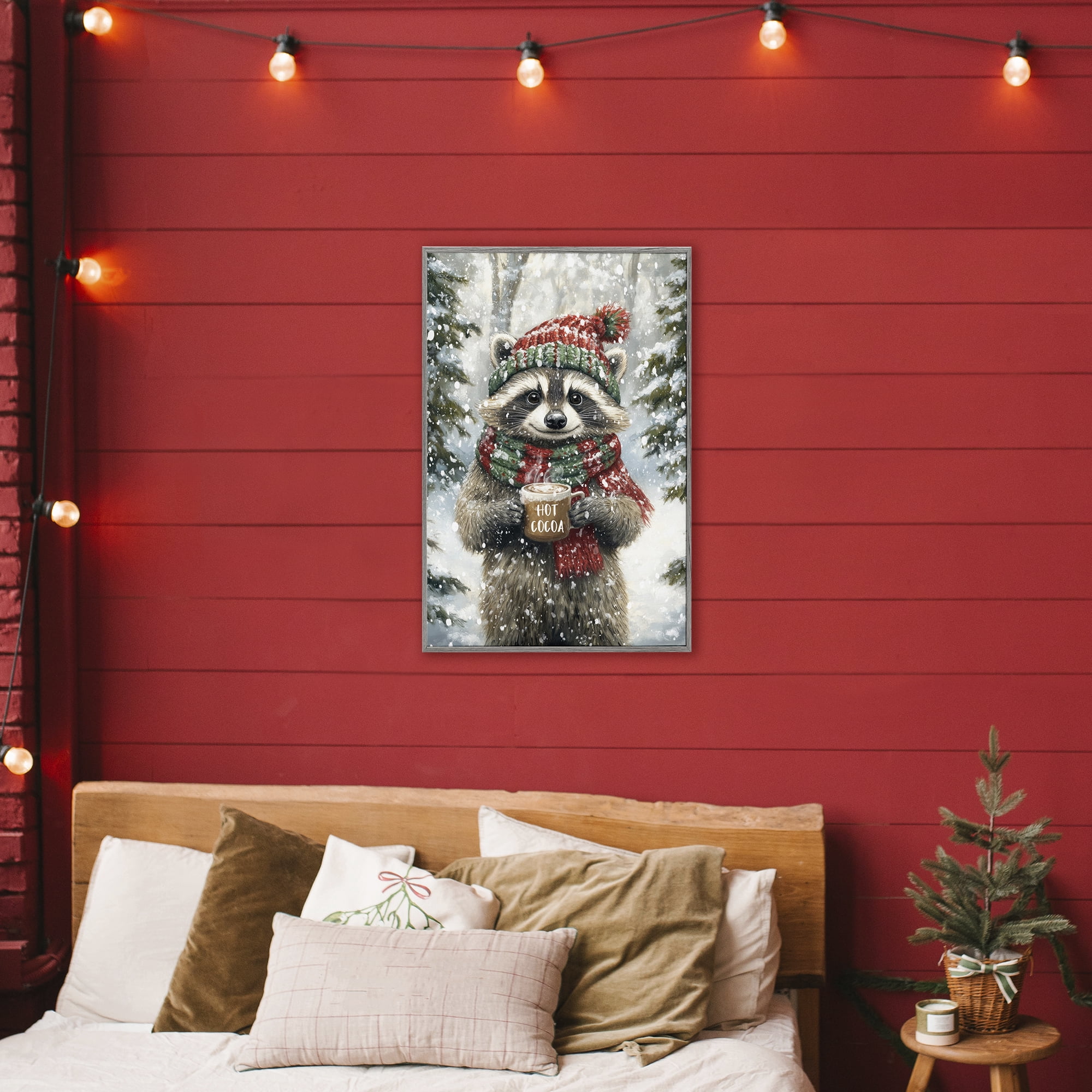 Stupell Industries Merry Cocoa Raccoon Gray Framed Giclee Art, design by Tina LeCour