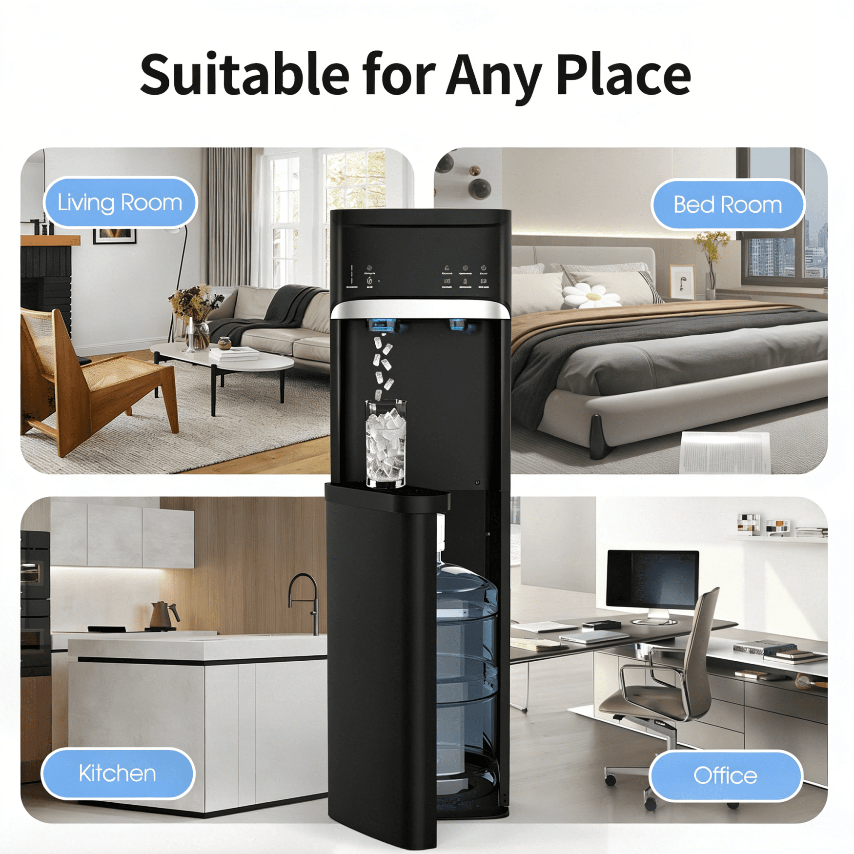 IKT Bottom Loading Water Dispenser with Nugget Ice Maker,Self-Clean,44lbs/Day,5 Gallon,,3-Temp(Cold/Hot/Room),Child Lock,for Home & Office,Black