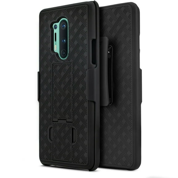 for OnePlus 8 PRO with Temper Glass Screen Protector Slim Shell Shockproof Absorption Kickstand Armor Case with Belt Swivel Clip Holster Cover (Black)
