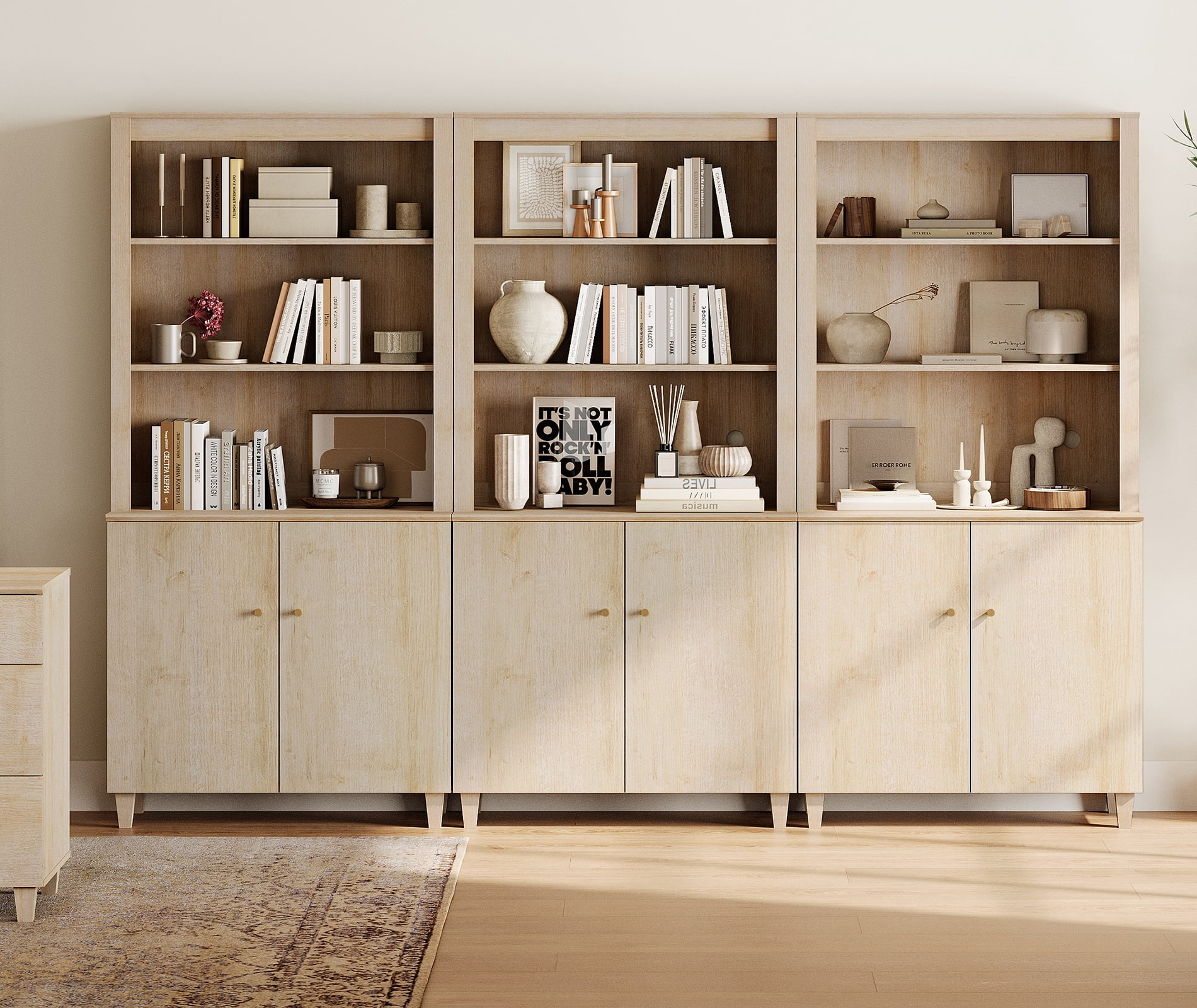 Modern 71" Tall Bookcase with Cabinets, 3 Columns 5-Tier for Home Office,Natural Oak