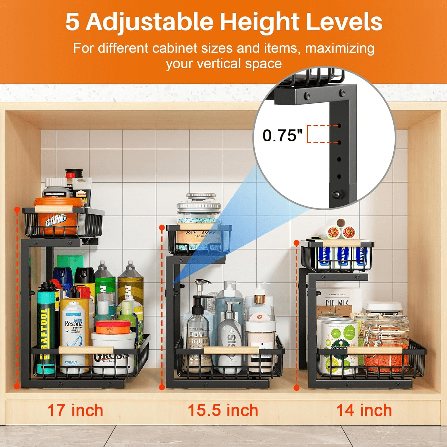 Under Sink Organizer, Height Adjustable Under Sink Organizers and Storage, 2 Tier Pull Out Drawer Cabinet Organizer for Kitchen Bathroom Pantry Closet Organi