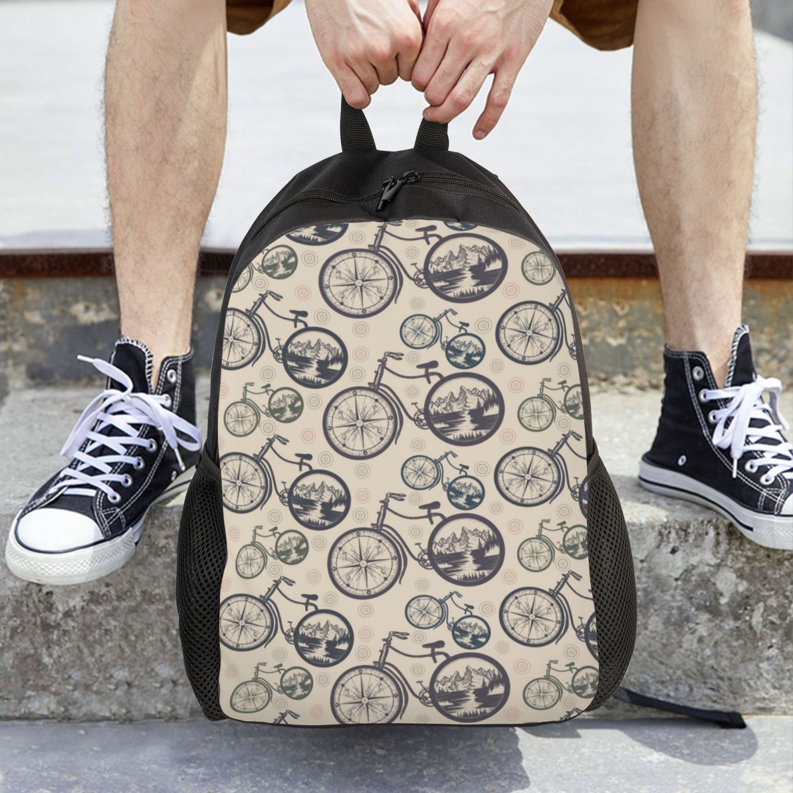 Xecao Compass And Mountains In Bicycle Wheels Print School Backpack with Laptop Compartment Small Travel Laptop Backpack for Women Men Waterproof College Backpack Simple School Bag