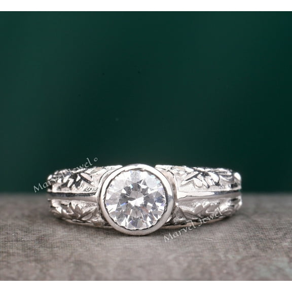 Round Cut Diamond Engagement Ring, Bezel Set Ring, Filigree Engraved Shank Ring, 925 Sterling Silver, 1.6 Ct Simulated Diamond, Anniversary Gift Ring For Wife