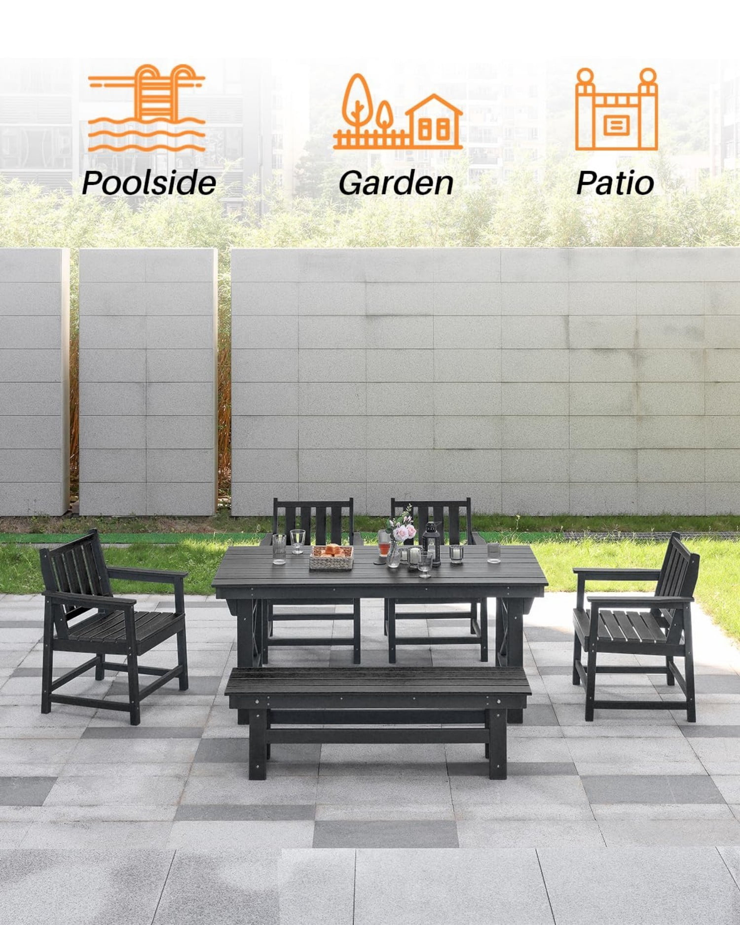 HDPE Outdoor Dining Table for 6, 66.9" Rectangle Patio Dining Table with 2.2" Umbrella Hole, All Weather HDPE Outdoor Table for Backyard, Deck, Garden, Poolside, Pearl