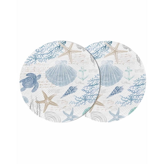 Round Woven Placemats set of 2, Blue Coastal Ocean Beach Themed Washable&Heat Resistant Plastic Wipeable Placemats for Round Table Sea Turtle Starfish Shell Kitchen Dining Table Decor, 15in,