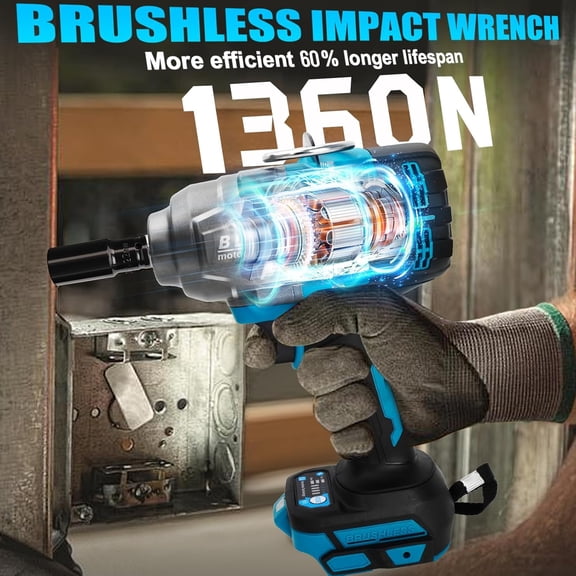 Cordless Impact Wrench 1/2" for  18V Battery, Impact Wrench 1000FT-LBS(1360N.m) High Torque Brushless Electric Impact, with 4 Modes Power Impact Driver for Car, Truck, Mower (No Battery)