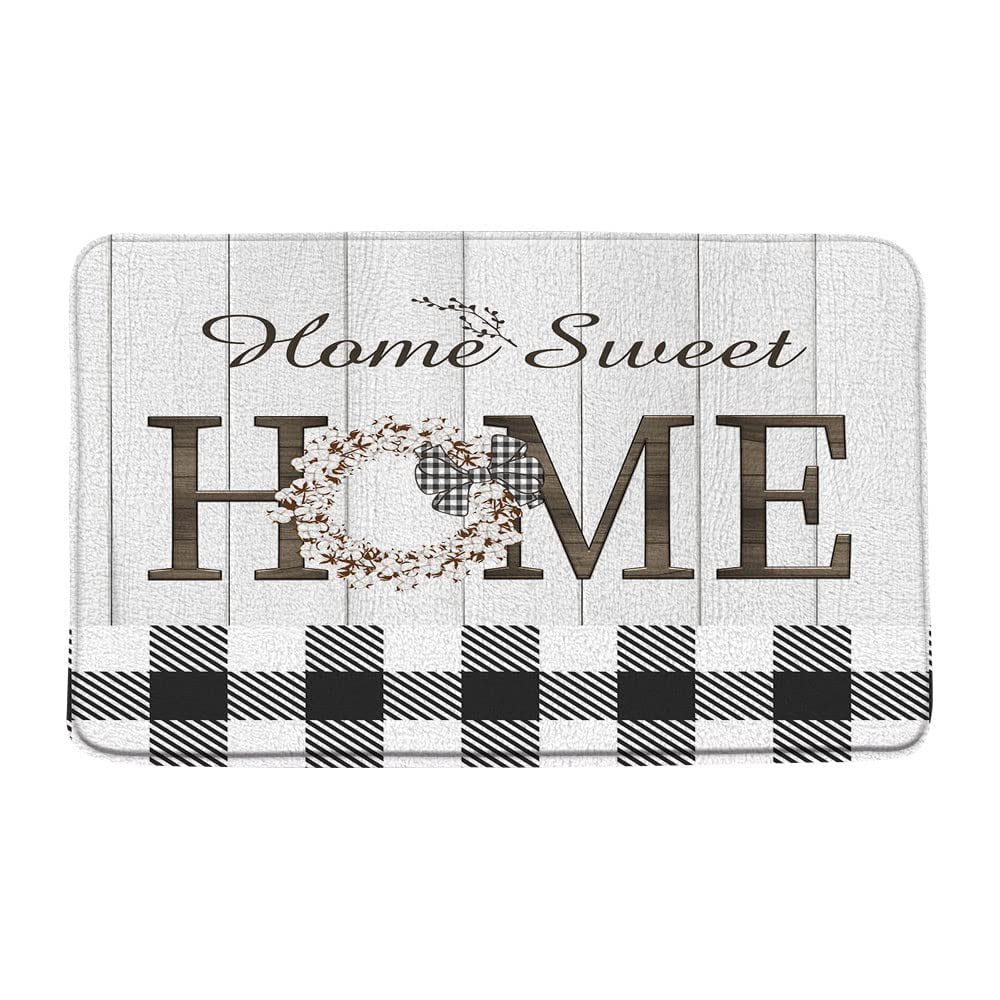 Black White Buffalo Check Bath Mat Rustic Home Sweet Home Floral Wood