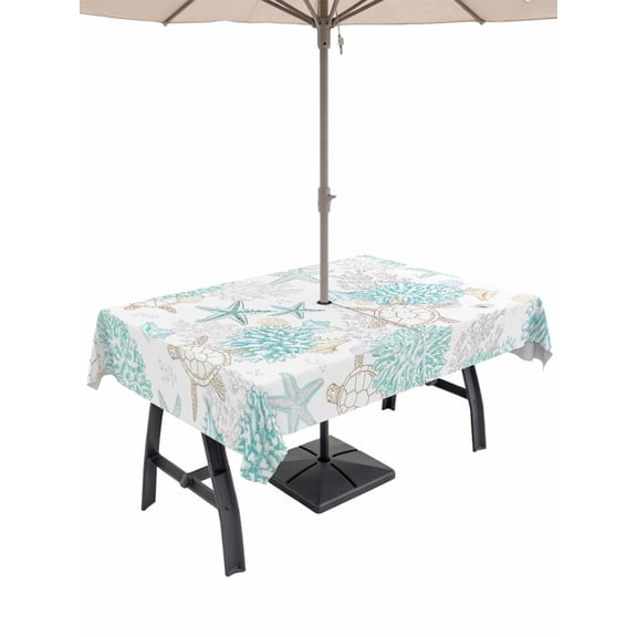 Outdoor Tablecloth with Umbrella Hole for Patio/Picnic/Party/Camping, Turquoise Coastal Waterproof Table Cloth Rectangle Table Cover Washable, Summer Beach Coral Sea Turtle Starfish (60"x 120")