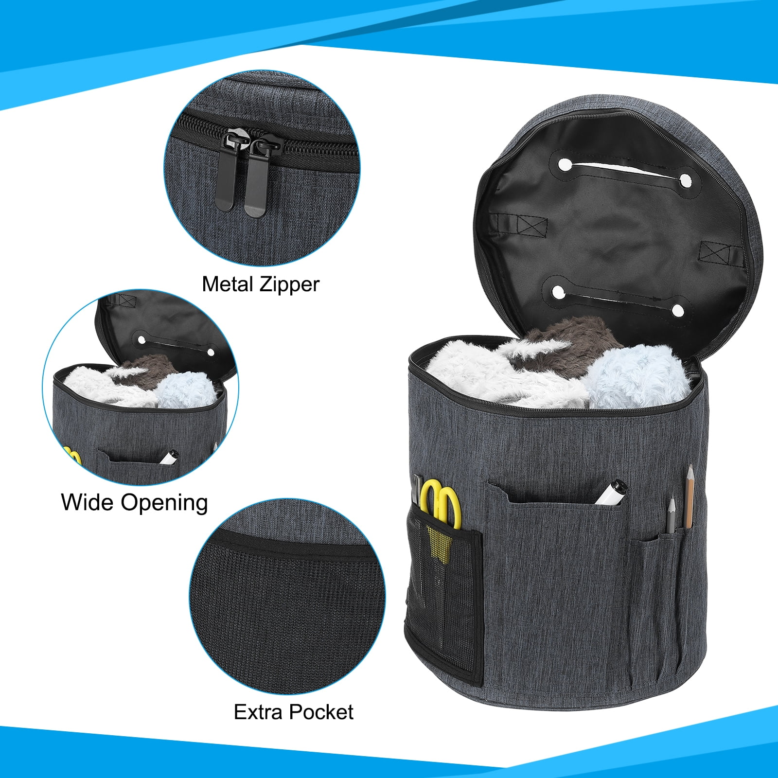 Uxcell Knitting Bag for Yarn Storage, Large Size Crochet Organizer Case Holder with Sided Pocket for Crocheting Gray