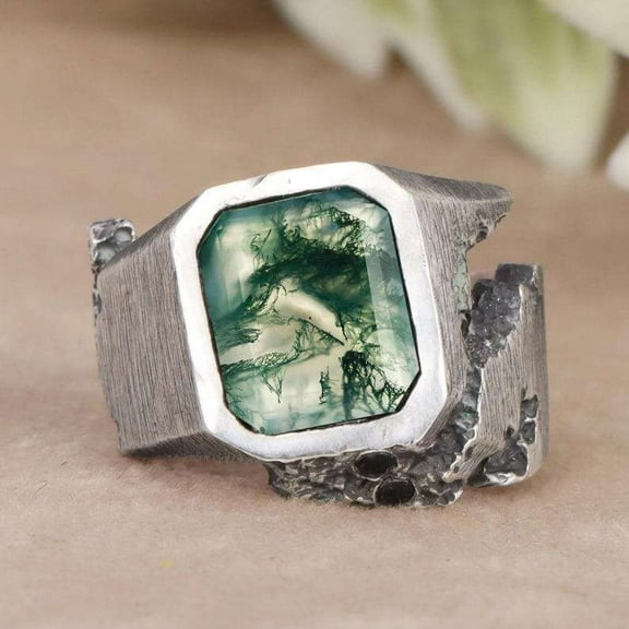 Natural Moss Agate 925 Sterling Silver Mens Broken Ring Gift For Him