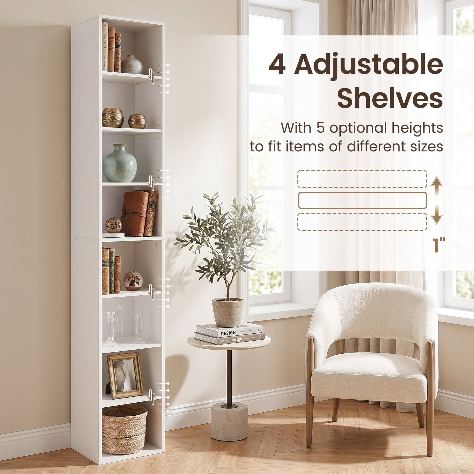 Furnibear 8-Tier Narrow Bookshelf with 4 Adjustable Shelves and Storage Cubes for Living Room Home Office Bedroom Display Storage Shelf, White