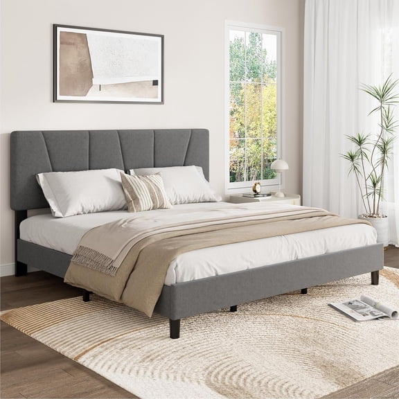 Upholstered Metal Platform Bed Frame with Adjustable Headboard for Bedroom,King,Gray