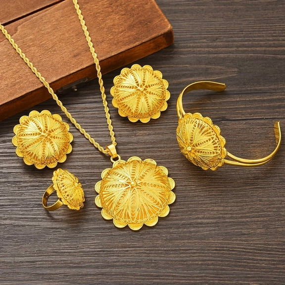 Eritrean Ethiopian Jewelry Pendant Necklaces Earrings Ring Bangles for Women 14k Yellow Gold African Weeding Productss