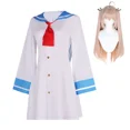 thumbnail image 4 of Peluca de disfraz de cosplay de Atri, Anime ATRI My Dear Moments, vestido blanco, uniforme, cabello largo rubio, horquilla con lazo negro, fiesta de Halloween para mujer, 4 of 5