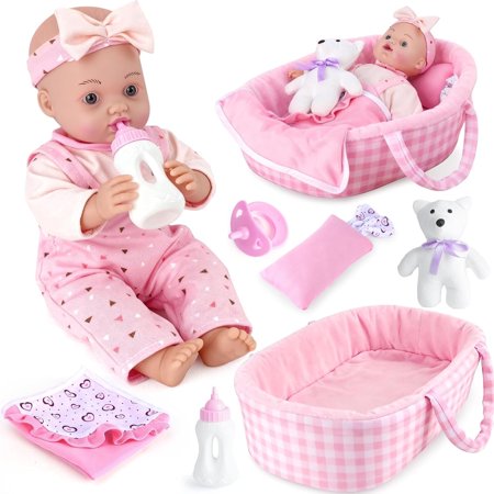 AuntyFey Baby Doll Set Baby Doll Bassinet with Accessories for Girl Toddlers with Bottle Teddy Bear Pillow Blanket Perfect Gift for Girls