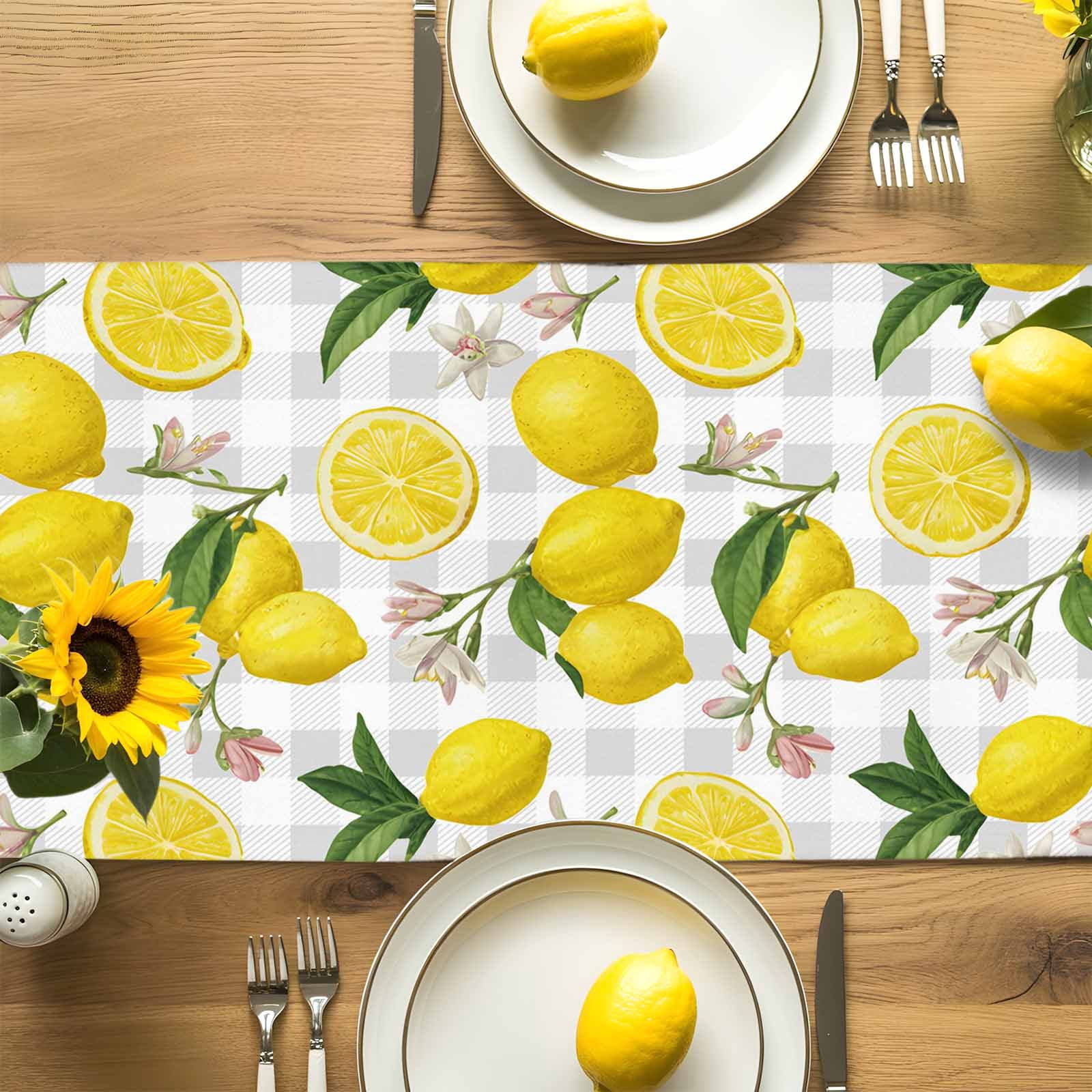 Summer Lemon Flower Leaves Table Runner 90 Inches Long, Grey White Plaid Lattice Table Runners Tabletop Scarf Kitchen Dining Tables Decoration for Home Party Indoor Outdoor