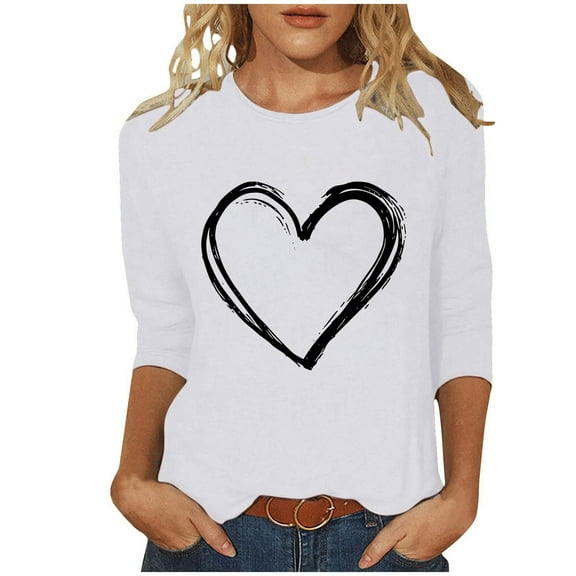 Lmnyox Valentine's Tops for Women 3/4 Sleeve Crew Neck Holiday T Shirt Heart Graphic Valentine's Day Casual Tees