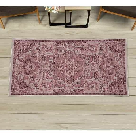 Vintage Decorative Rug, Weathered Look Abstract Square Details Retro Ethnic Themed Ornament, Quality Carpet for Bedroom Dorm and Living Room, 6 Sizes, Rose Dark Pink Dark Mauve, by Ambesonne