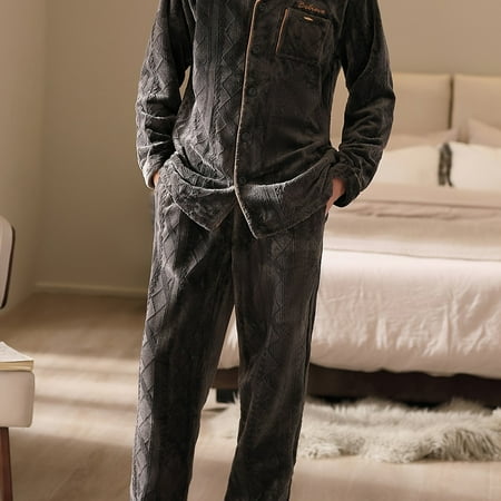 

Men‘s Thermal Thick Comfortable Pajama Sets With Pocket Button Long Sleeve Top & Pants Men‘s Sleepwear Loungewear