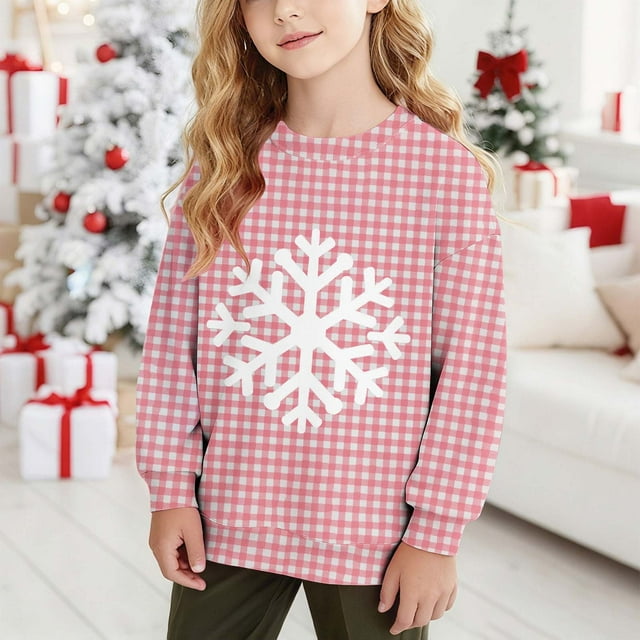 Cowsor Chandails en Molleton pour Filles Enfants Mignon Graphique Col Rond Chandail Tops Xmas Manches Longues Chemises de Vacances