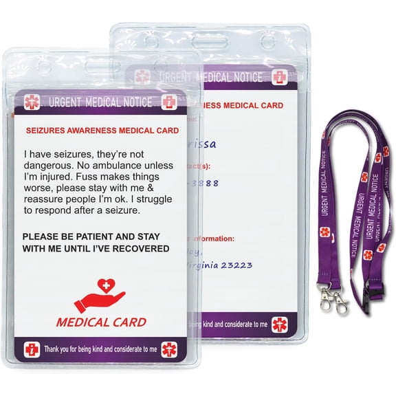 RAYCCI 2PCS Seizures Medical Information Card with Writable Panel & Patterned Lanyard, Standard Size Emergency Contact Card