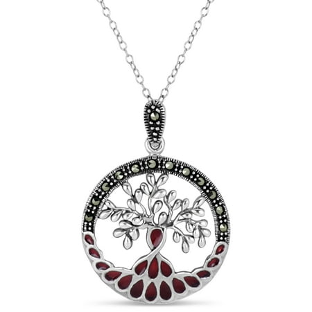 Swarovski Marcasite Sterling Silver Oxidized Tree Of Life in Circle Pendant 18 Inch
