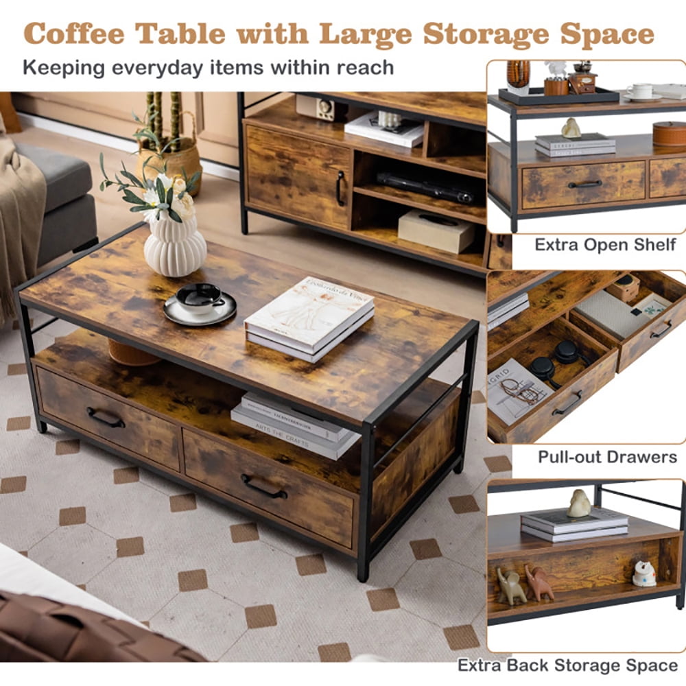 Finihen Rectangular Coffee Table, Coffee Table with 2 Drawers and Open Shelf, for Living Room, Reception Room, Office, Rustic Brown Finihen Rectangular Coffee Table, Coffee Table with 2 Drawers and Open Shelf, for Living Room, Reception Room, Office, Rustic Brown