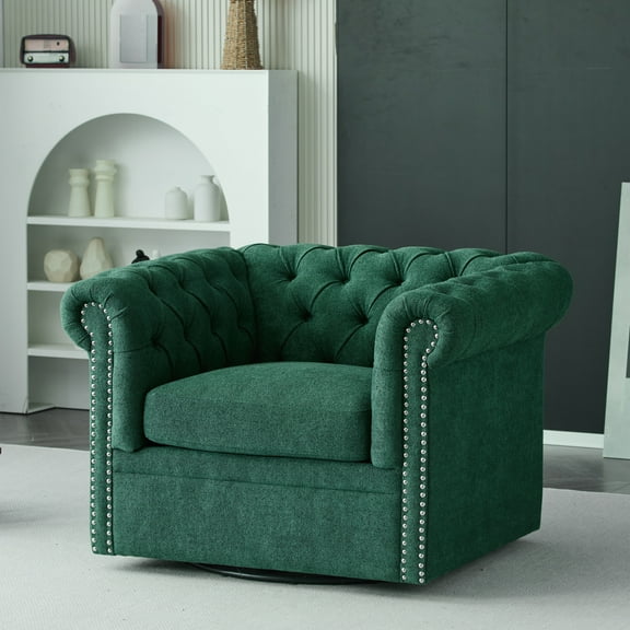 GDF Studio Chesterfield Swivel Club Chair with Deep Button-Tufted Upholstery & Nailhead Trim, Dark Green