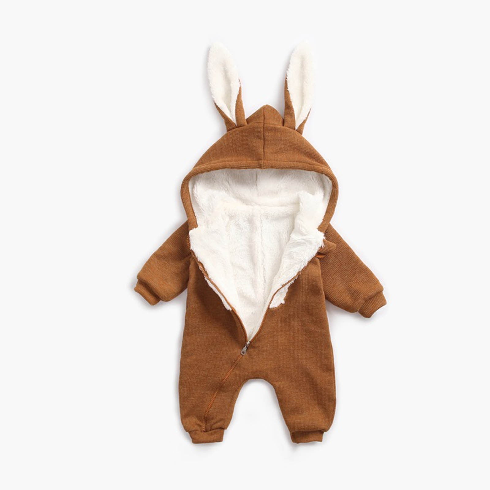 Riecok Winter Baby Clothes Fleece Thick Onesie Cute Rabbit Ears Hooded Winter Infant Clothes Coffee 0 Months
