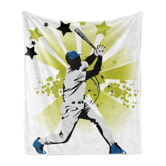 Baseball Soft Flannel Fleece Blanket, Pitcher Hits the Ball Fast Stars All over the Bat Speed Strong Game Team Graphic, Cozy Plush for Indoor and Outdoor Use, 60" x 80", White Green, by Ambesonne
