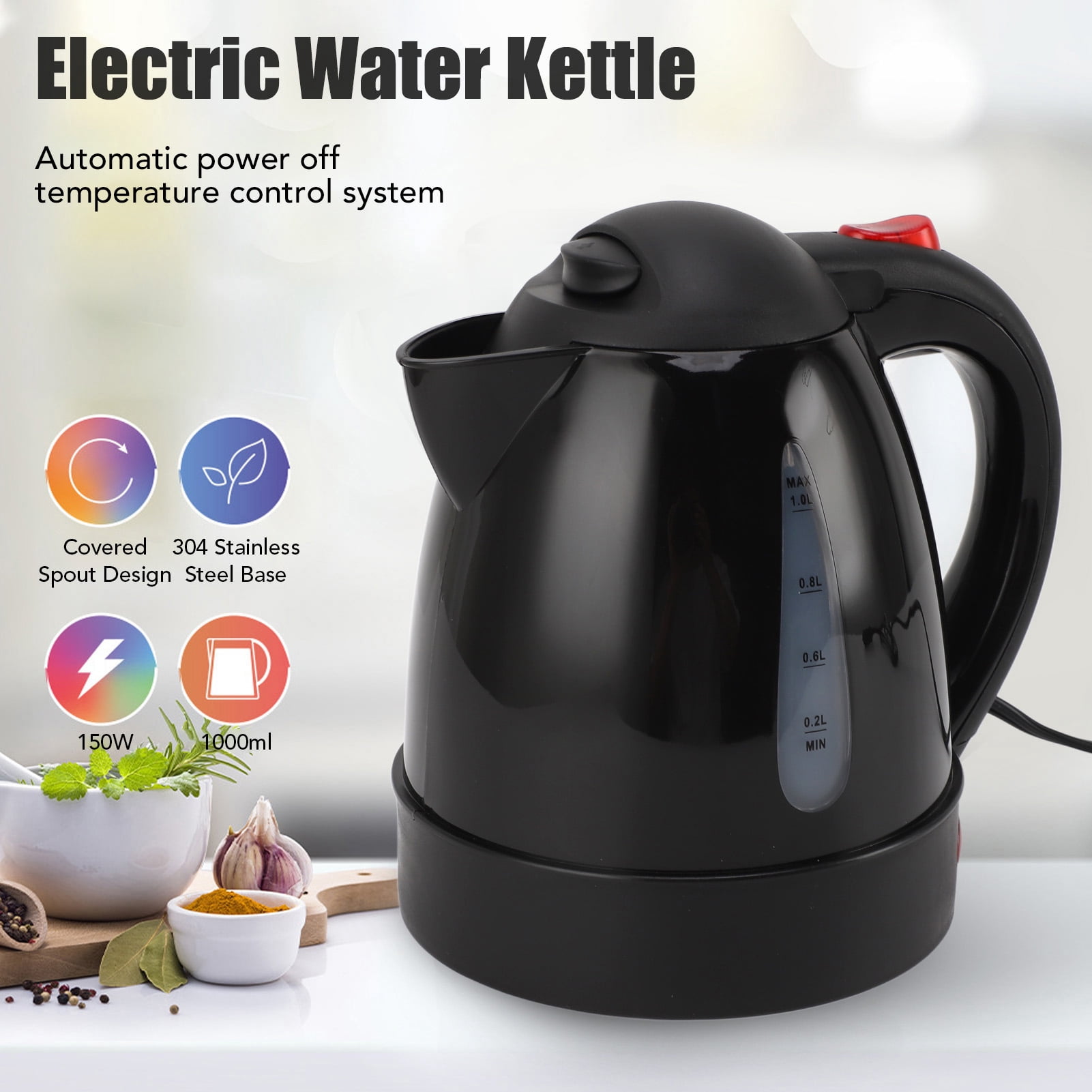 150W 1000ML Hot Water Boiler, Auto Shut Off Electric Kettle  For Trip,Black
