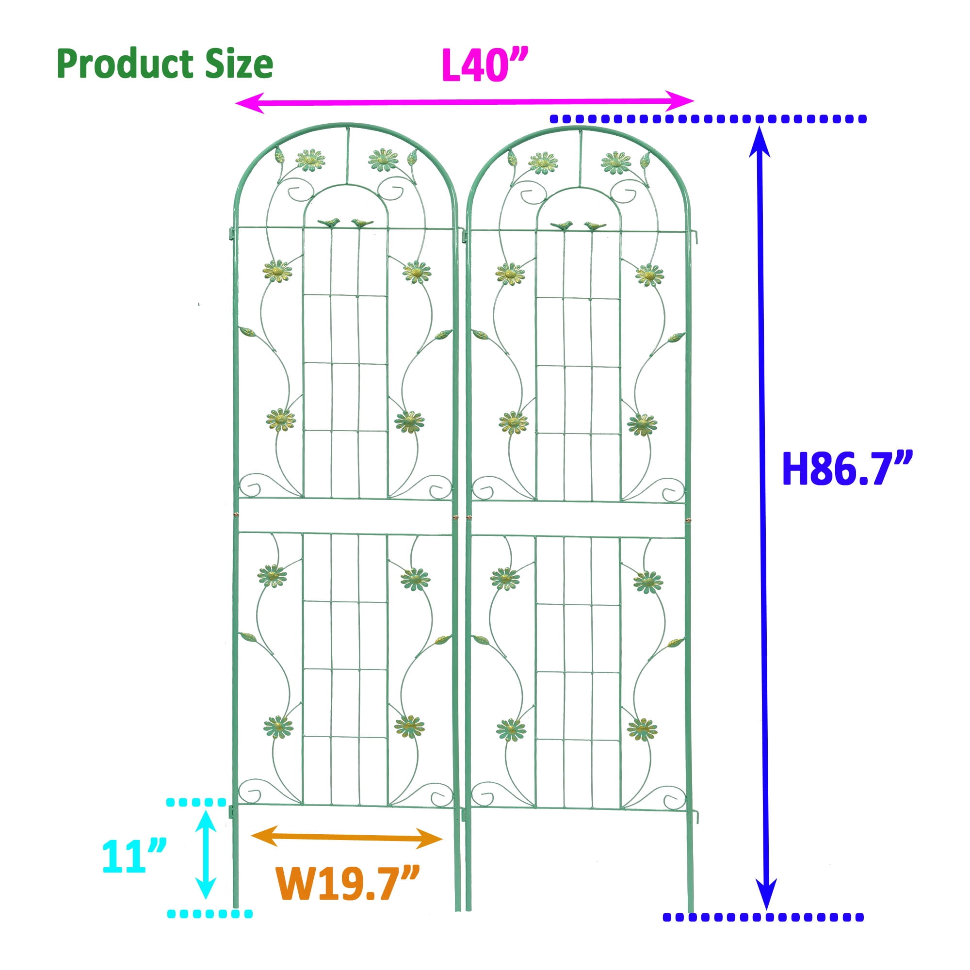 Miniyam 86.7" x 19.7" Metal Garden Trellis, 2 Packs Rustproof Trellis for Climbing Plants, Flower Support, Green