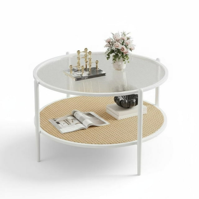 Garvee 2-Tier 30 inch Round Rattan Coffee Table with Storage, White