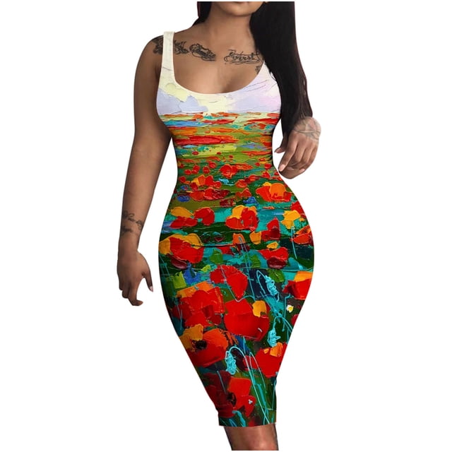 Vestidos Para Mujer Vestidos Casuales de Moda Estampado Erógeno Hombro Frío Flaco Tanque Sin Mangas Vestido Ajustado Odeerbi ODB156471