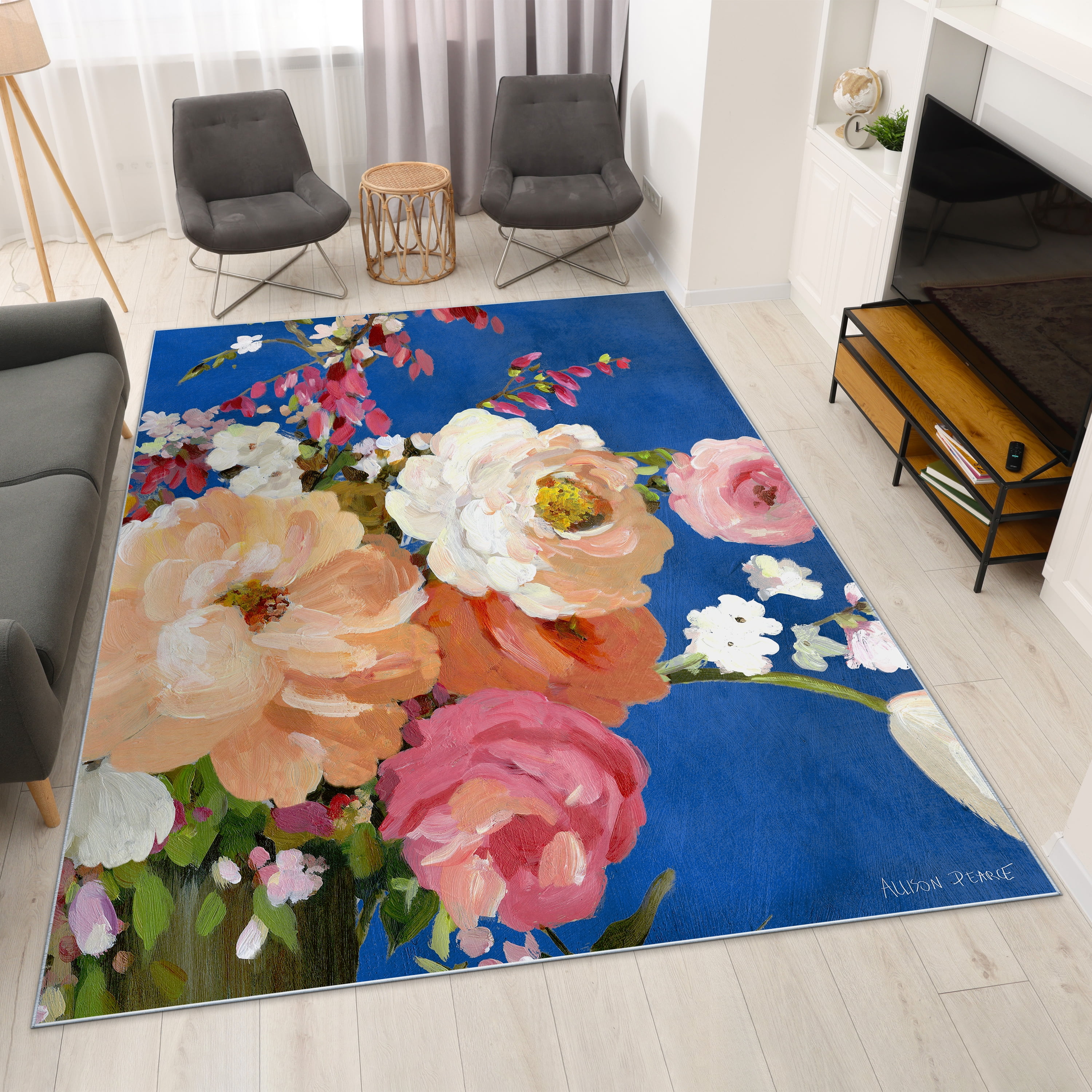 Midnight Flowers I, 8'x10' Hand Washable Art Area Rug